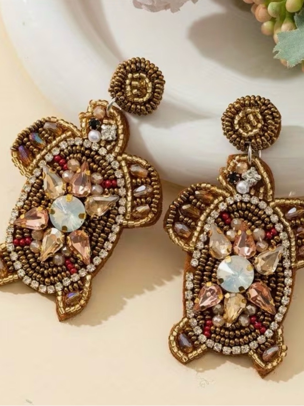 NWT Brown, Gold and Champagne Beaded Turtle Earrings, Summer jewelry